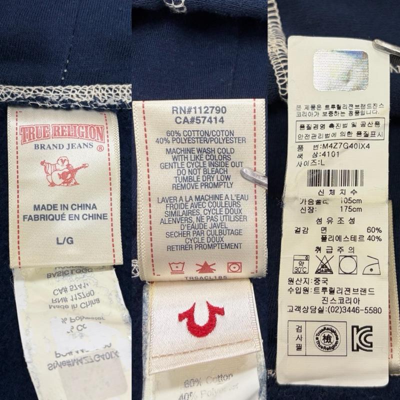 トゥルーレリジョン TRUE RELIGION パーカー 長袖 スウェット ジップアップ パーカー ステッチ ロゴ プリント L ワンポイント X ロゴ、文字 X プリント 紺 / ネイビー / navy X 白 / ホワイト / white メンズ USED 古着 中古 50167690