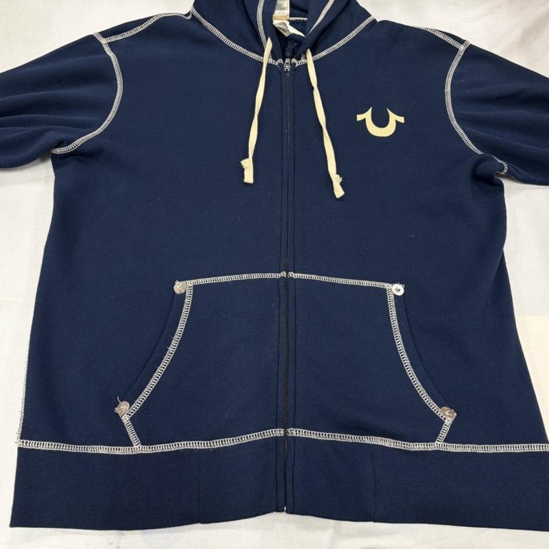 トゥルーレリジョン TRUE RELIGION パーカー 長袖 スウェット ジップアップ パーカー ステッチ ロゴ プリント L ワンポイント X ロゴ、文字 X プリント 紺 / ネイビー / navy X 白 / ホワイト / white メンズ USED 古着 中古 50167690