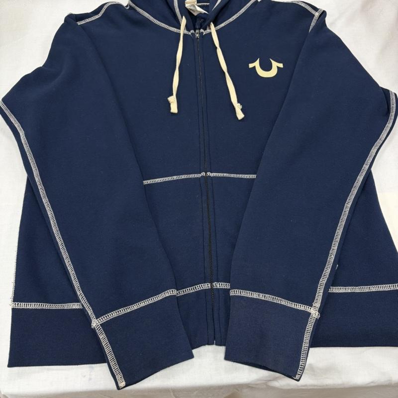 トゥルーレリジョン TRUE RELIGION パーカー 長袖 スウェット ジップアップ パーカー ステッチ ロゴ プリント L ワンポイント X ロゴ、文字 X プリント 紺 / ネイビー / navy X 白 / ホワイト / white メンズ USED 古着 中古 50167690