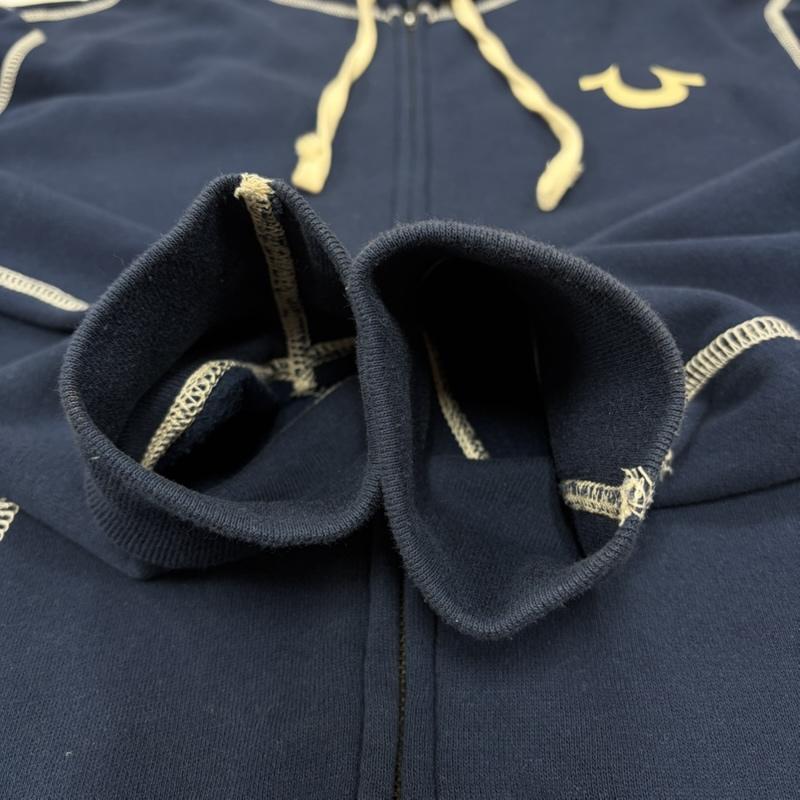 トゥルーレリジョン TRUE RELIGION パーカー 長袖 スウェット ジップアップ パーカー ステッチ ロゴ プリント L ワンポイント X ロゴ、文字 X プリント 紺 / ネイビー / navy X 白 / ホワイト / white メンズ USED 古着 中古 50167690