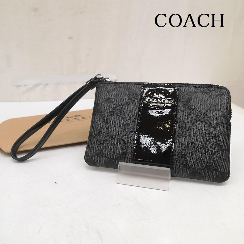 コーチ COACH ポーチ ポーチ シグネチャー レザー ポーチ - 黒 / ブラック / black X 灰 / グレー / gray レディース USED 古着 中古 50167709