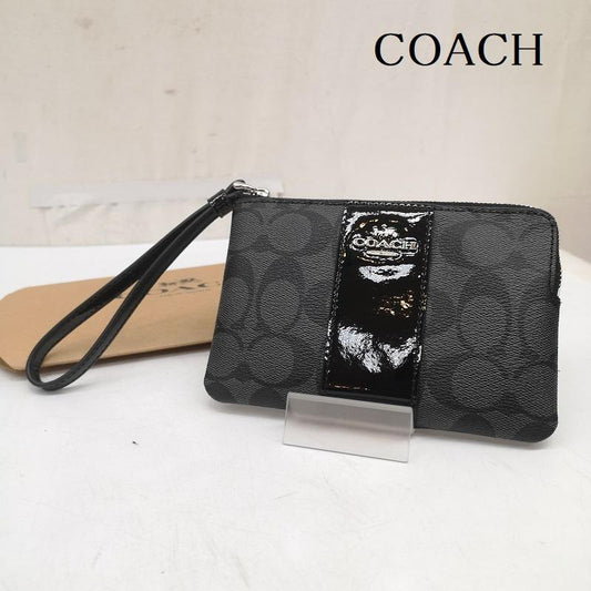 コーチ COACH ポーチ ポーチ シグネチャー レザー ポーチ - 黒 / ブラック / black X 灰 / グレー / gray レディース USED 古着 中古 50167709
