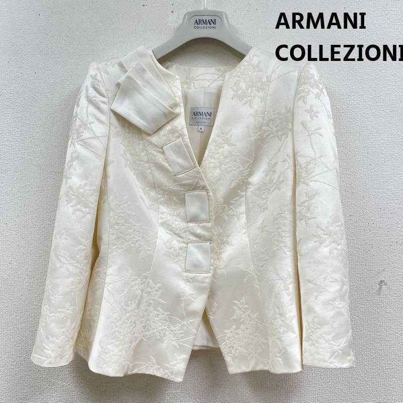 アルマーニコレッツォーニ ARMANI COLLEZIONI ジャケット、上着 ジャケット、ブレザー イタリア製 リボン ジャガード 刺繍 花柄 ノーカラー ジャケット 40 オフホワイト / オフホワイト / レディース USED 古着 中古 50167760