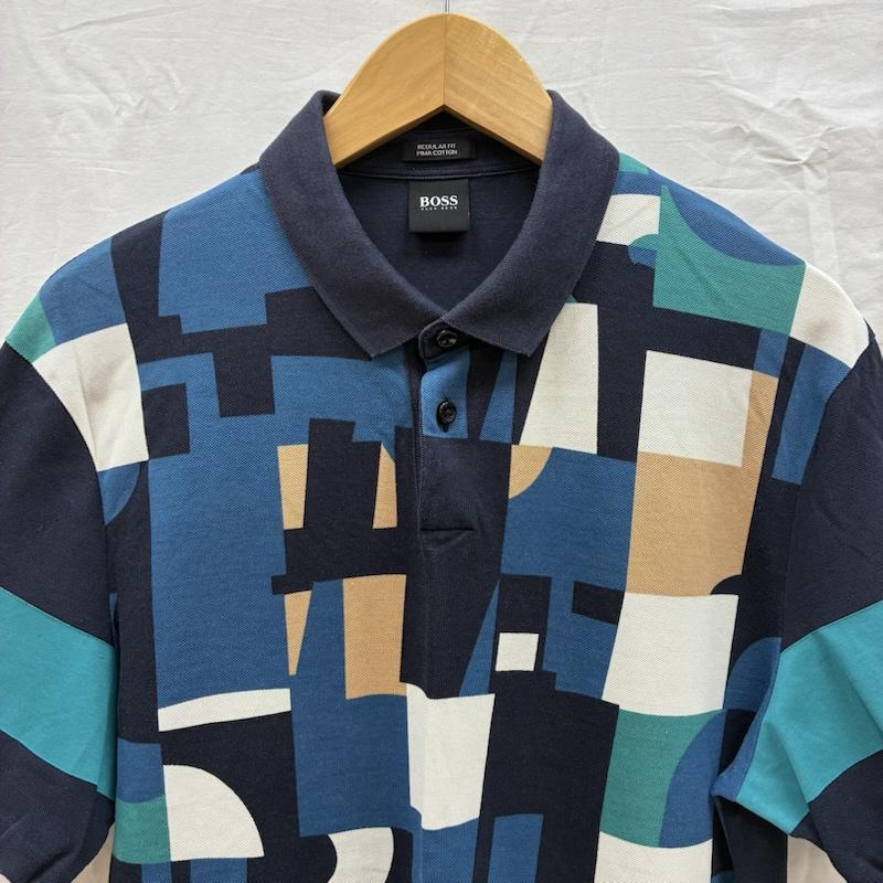 ヒューゴボス HUGO BOSS ポロシャツ 半袖 ピマコットン 幾何学模様 フロント 総柄 ポロシャツ M メンズ USED 古着 中古 50167775