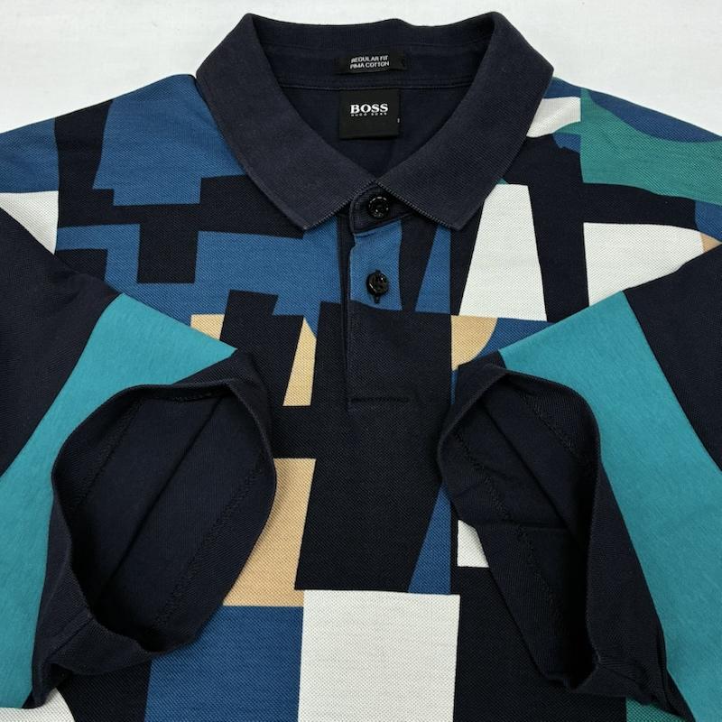 ヒューゴボス HUGO BOSS ポロシャツ 半袖 ピマコットン 幾何学模様 フロント 総柄 ポロシャツ M メンズ USED 古着 中古 50167775