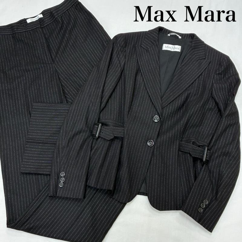 マックスマーラ Max Mara スーツ パンツスーツ アンゴラ カシゴラ 混 ウール ピンストライプ サイドベルト 2B テーラード ジャケット スラックス セットアップ - レディース USED 古着 中古 50167781