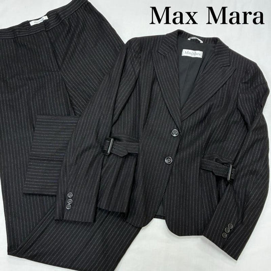 マックスマーラ Max Mara スーツ パンツスーツ アンゴラ カシゴラ 混 ウール ピンストライプ サイドベルト 2B テーラード ジャケット スラックス セットアップ - レディース USED 古着 中古 50167781