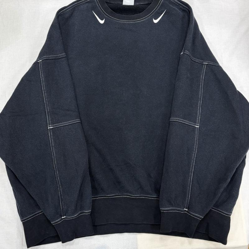 ナイキ NIKE トレーナー 長袖 クルーネック スウェット ステッチ ロゴ プリント フェード オーバーサイズ M ロゴ、文字 X プリント 黒 / ブラック / black X 白 / ホワイト / white メンズ USED 古着 中古 50167843