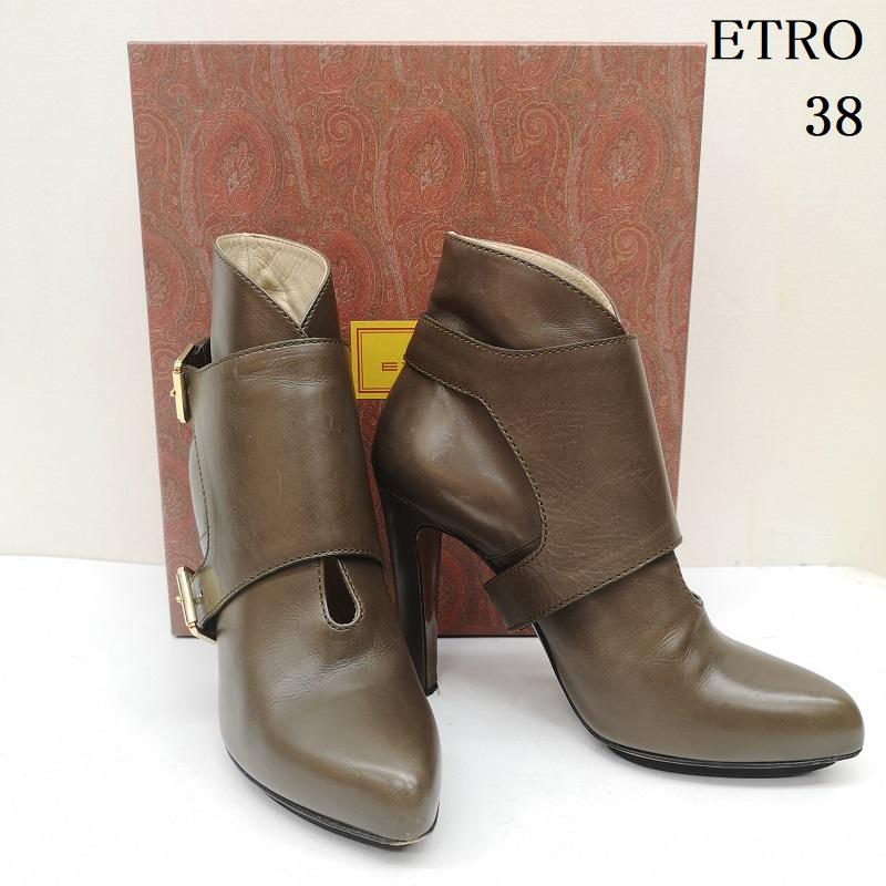 エトロ ETRO ブーツ ブーティ Leather Harness Platform レザー ハーネス プラットフォーム ハーネスベルト レザー 2way 24.0cm カーキオリーブ / カーキオリーブ / レディース USED 古着 中古 50167957