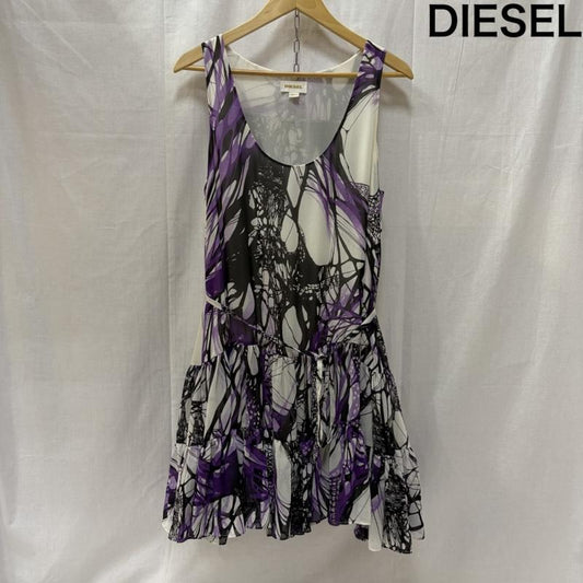 ディーゼル DIESEL ワンピース ミニスカート ノースリーブ 総柄 ワンピース フリル ウエストマーク white×purple S S 総柄 白 / ホワイト / white X 紫 / パープル / purple レディース USED 古着 中古 50167984