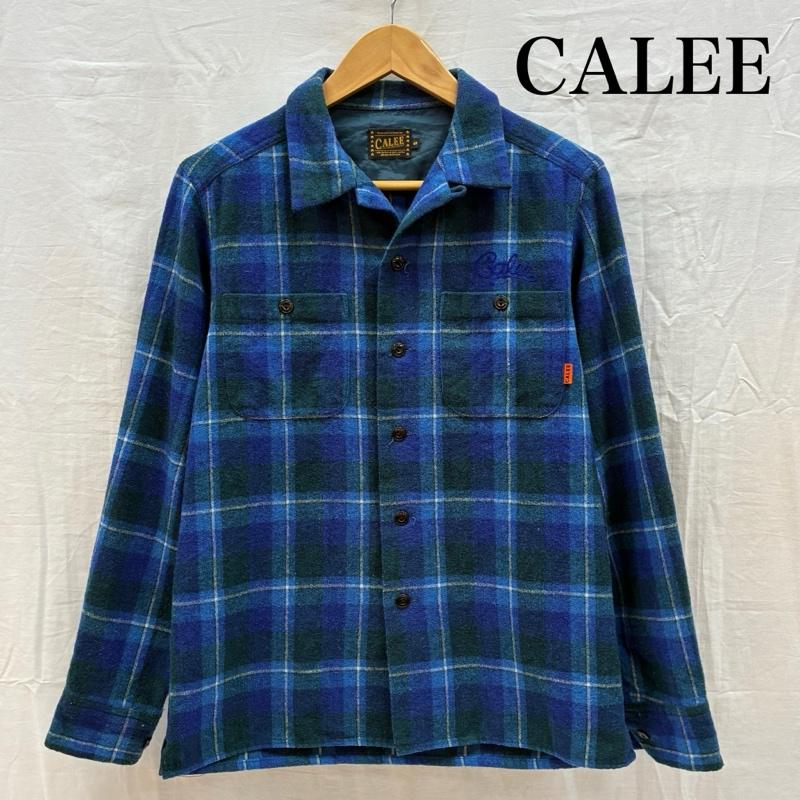 キャリー CALEE シャツ、ブラウス 長袖 ウール オープンカラー チェック シャツ 開襟 ロゴ チェーン 刺繍 S メンズ USED 古着 中古 50168051
