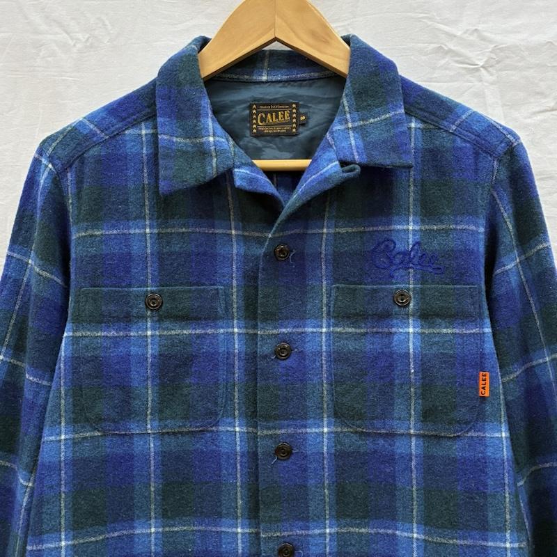 キャリー CALEE シャツ、ブラウス 長袖 ウール オープンカラー チェック シャツ 開襟 ロゴ チェーン 刺繍 S メンズ USED 古着 中古 50168051