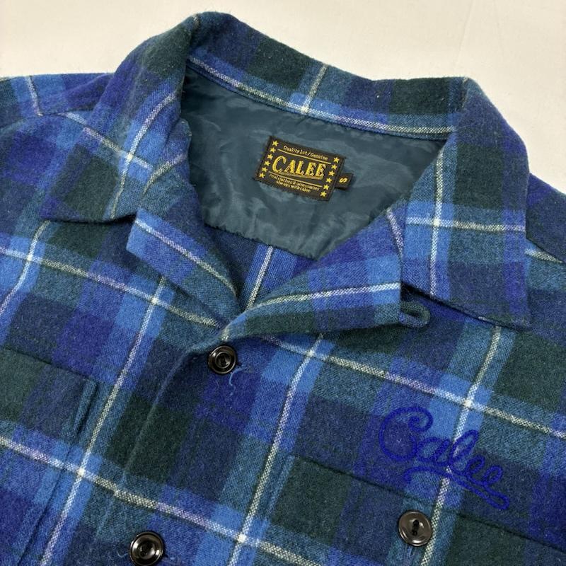 キャリー CALEE シャツ、ブラウス 長袖 ウール オープンカラー チェック シャツ 開襟 ロゴ チェーン 刺繍 S メンズ USED 古着 中古 50168051
