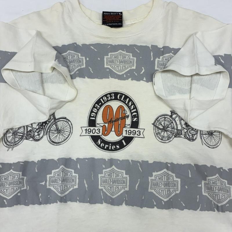 ハーレーダビッドソン Harley-Davidson Tシャツ 半袖 90s Hanes BEEFY 90周年 シールド ボーダー Tシャツ USA製 シングルステッチ ヴィンテージ M メンズ USED 古着 中古 50168054