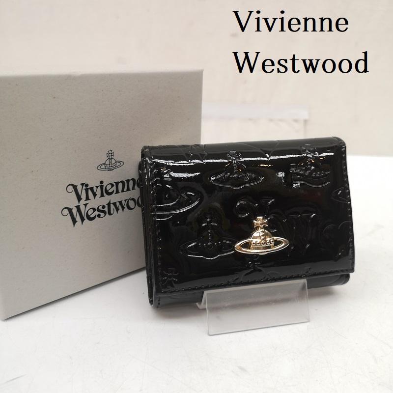 ヴィヴィアンウエストウッド Vivienne Westwood 財布 コンパクト財布 三つ折り財布 総柄 オーブ コンパクト ウォレット がま口 エナメル - 黒 / ブラック / black レディース USED 古着 中古 50168063