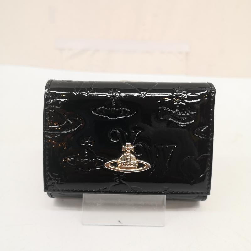 ヴィヴィアンウエストウッド Vivienne Westwood 財布 コンパクト財布 三つ折り財布 総柄 オーブ コンパクト ウォレット がま口 エナメル - 黒 / ブラック / black レディース USED 古着 中古 50168063