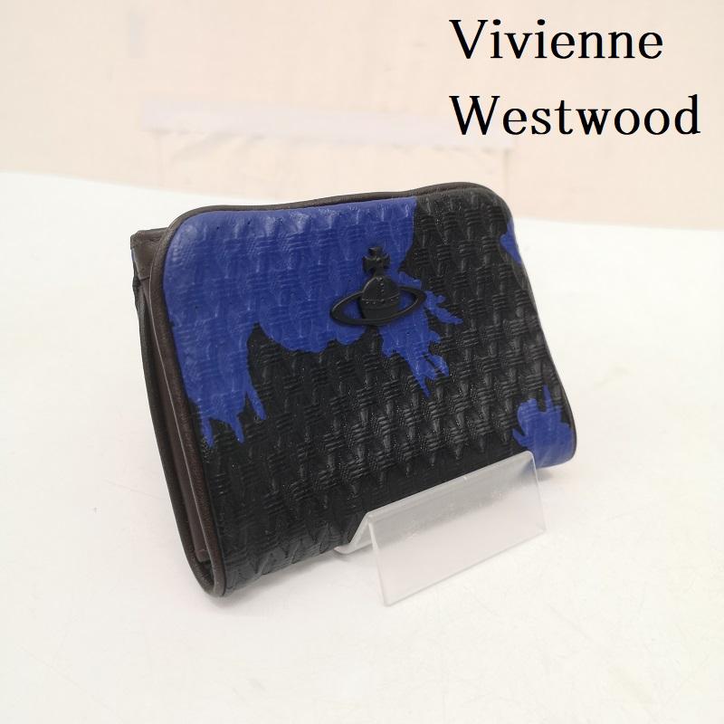 ヴィヴィアンウエストウッド Vivienne Westwood 財布 コンパクト財布 オーブ 型押し コンパクト ウォレット - 黒 / ブラック / black X 青 / ブルー / blue メンズ USED 古着 中古 50168066