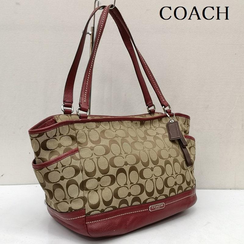 コーチ COACH トートバッグ トートバッグ F23297 パーク シグネチャー キャリーオール トート バッグ - ベージュ / ベージュ / beige X 赤 / レッド / red レディース USED 古着 中古 50168093