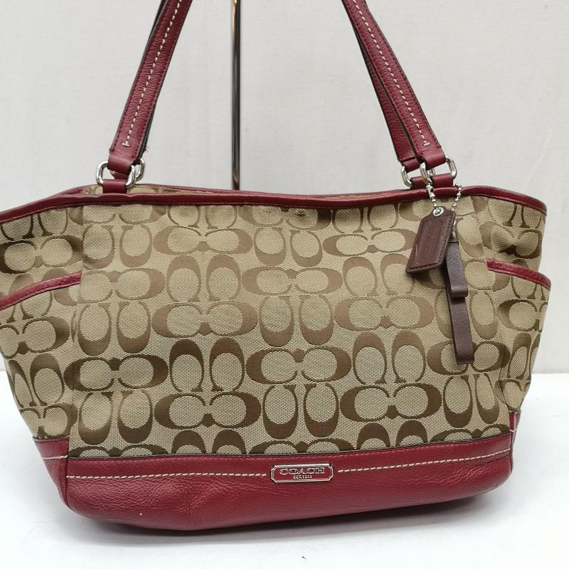 コーチ COACH トートバッグ トートバッグ F23297 パーク シグネチャー キャリーオール トート バッグ - ベージュ / ベージュ / beige X 赤 / レッド / red レディース USED 古着 中古 50168093