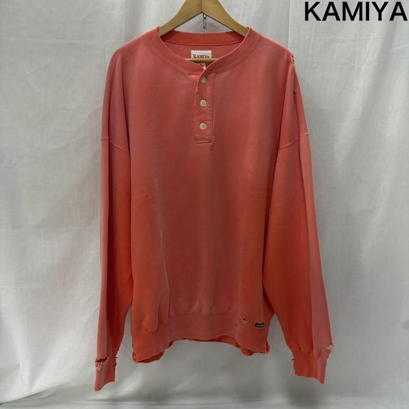 古着 USED トレーナー 長袖 KAMIYA カミヤ 25AW Distressed Henry Neck Sweatshirt ORANGE M エイジング加工 XL ダメージ加工 橙 / オレンジ / orange メンズ USED 古着 中古 50168114