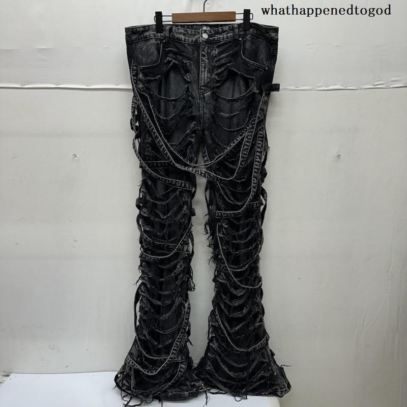 古着 USED パンツ デニム、ジーンズ whathappenedtogod Venim 2.0 Denim フリンジ デニム ロング パンツ 38インチ 黒 / ブラック / black メンズ USED 古着 中古 50168130