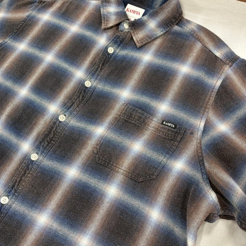 ミハラヤスヒロ MIHARAYASUHIRO シャツ、ブラウス 長袖 KAMIYA カミヤ 25SS ブリーチド チェック ネルシャツ G14SH058 ダメージ加工 オンブレ 日本製 M チェック 青 / ブルー / blue X 紺 / ネイビー / navy X 茶 / ブラウン / brown メンズ USED 古着 中古 50168134