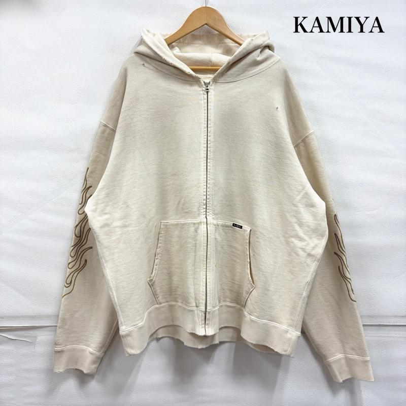 ミハラヤスヒロ MIHARAYASUHIRO パーカー 長袖 KAMIYA カミヤ 24AW ロープ ブリーチ ジップアップ フーディー パーカー フェード ファイヤーパターン G13HD060 日本製 M プリント X ダメージ加工 アイボリー / アイボリー / X 黄 / イエロー / yellow X 黒 / ブラック / black メンズ USED 古着 中古 50168137