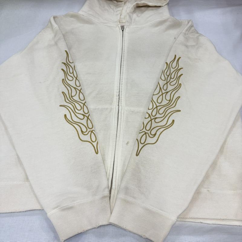 ミハラヤスヒロ MIHARAYASUHIRO パーカー 長袖 KAMIYA カミヤ 24AW ロープ ブリーチ ジップアップ フーディー パーカー フェード ファイヤーパターン G13HD060 日本製 M プリント X ダメージ加工 アイボリー / アイボリー / X 黄 / イエロー / yellow X 黒 / ブラック / black メンズ USED 古着 中古 50168137