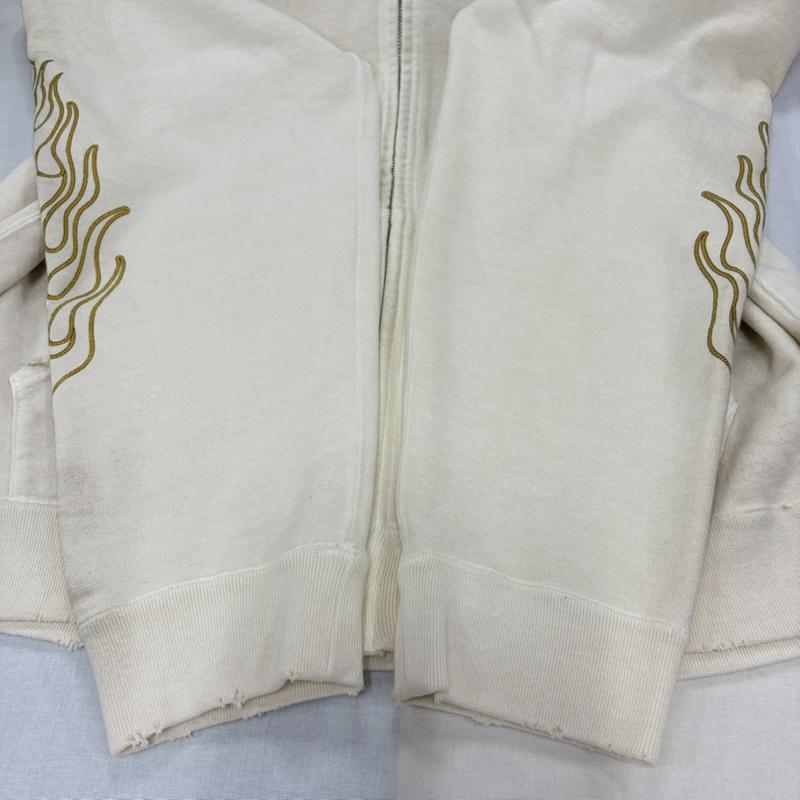 ミハラヤスヒロ MIHARAYASUHIRO パーカー 長袖 KAMIYA カミヤ 24AW ロープ ブリーチ ジップアップ フーディー パーカー フェード ファイヤーパターン G13HD060 日本製 M プリント X ダメージ加工 アイボリー / アイボリー / X 黄 / イエロー / yellow X 黒 / ブラック / black メンズ USED 古着 中古 50168137