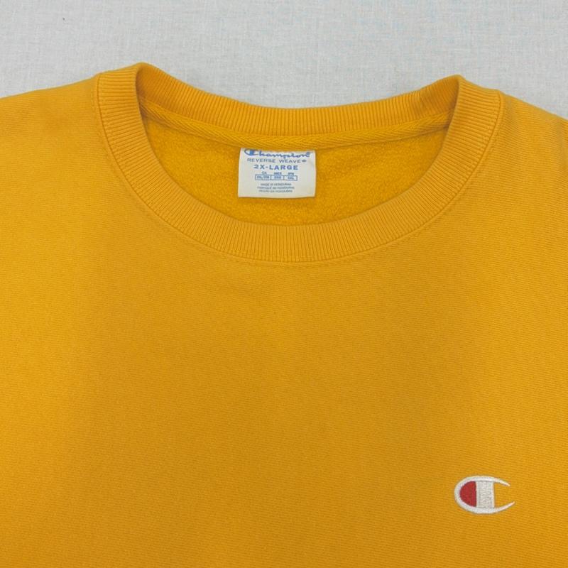 チャンピオン Champion トレーナー 長袖 REVERSEWEAVE リバースウィーブ スウェット プルオーバー トレーナー ロゴ 刺繍 XXL ワンポイント X ロゴ、文字 X 刺繍 黄 / イエロー / yellow メンズ USED 古着 中古 50168217