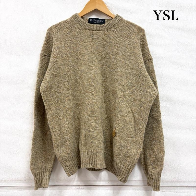 イヴサンローラン Yves Saint Laurent ニット、セーター 長袖 90s クルーネック ウール ニット セーター ロゴ 刺繍 イタリア製 ヴィンテージ - ワンポイント X ロゴ、文字 X 刺繍 ベージュ / ベージュ / beige X 茶 / ブラウン / brown メンズ USED 古着 中古 50168230