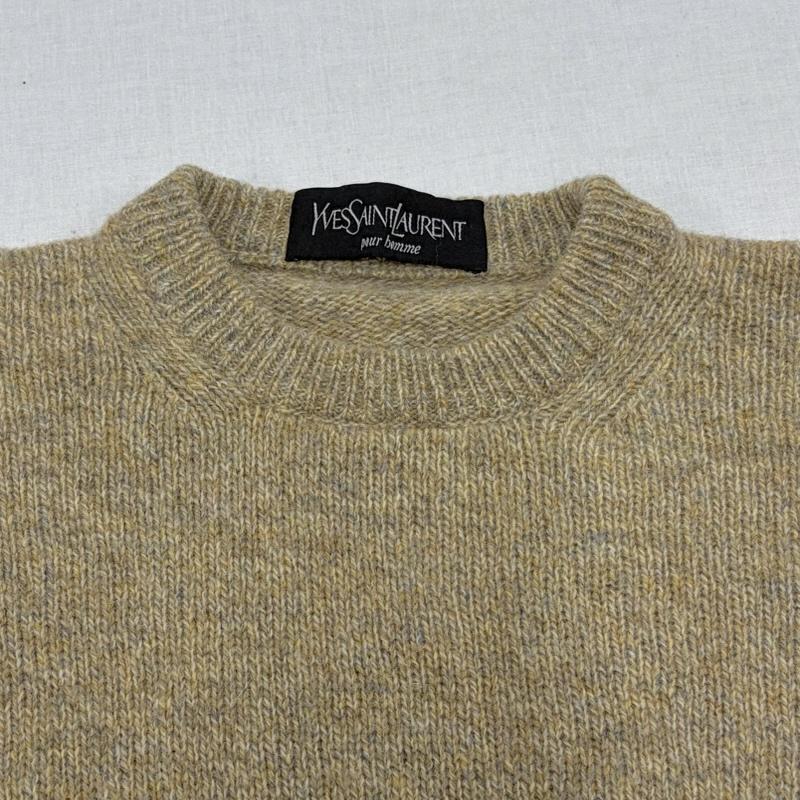 イヴサンローラン Yves Saint Laurent ニット、セーター 長袖 90s クルーネック ウール ニット セーター ロゴ 刺繍 イタリア製 ヴィンテージ - ワンポイント X ロゴ、文字 X 刺繍 ベージュ / ベージュ / beige X 茶 / ブラウン / brown メンズ USED 古着 中古 50168230