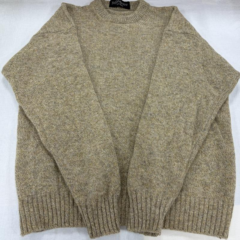 イヴサンローラン Yves Saint Laurent ニット、セーター 長袖 90s クルーネック ウール ニット セーター ロゴ 刺繍 イタリア製 ヴィンテージ - ワンポイント X ロゴ、文字 X 刺繍 ベージュ / ベージュ / beige X 茶 / ブラウン / brown メンズ USED 古着 中古 50168230