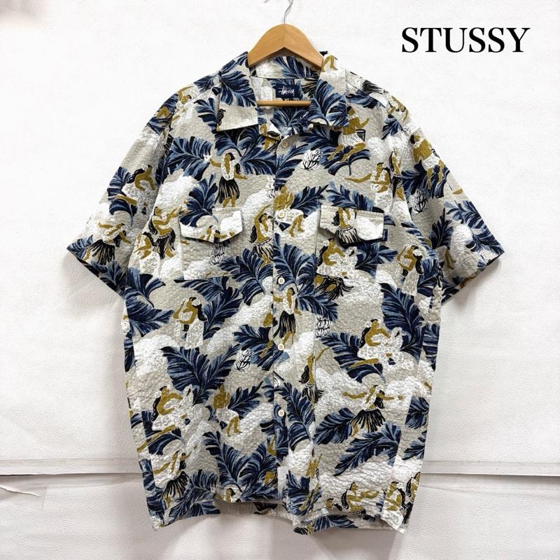 ステューシー STUSSY シャツ、ブラウス 半袖 90s OLD USA製 半袖 アロハシャツ オープンカラー ハワイアン リーフ 総柄 プリント 紺タグ XL 総柄 X プリント ベージュ / ベージュ / beige X 紺 / ネイビー / navy X 白 / ホワイト / white メンズ USED 古着 中古 50168416