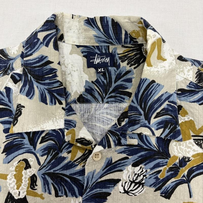 ステューシー STUSSY シャツ、ブラウス 半袖 90s OLD USA製 半袖 アロハシャツ オープンカラー ハワイアン リーフ 総柄 プリント 紺タグ XL 総柄 X プリント ベージュ / ベージュ / beige X 紺 / ネイビー / navy X 白 / ホワイト / white メンズ USED 古着 中古 50168416