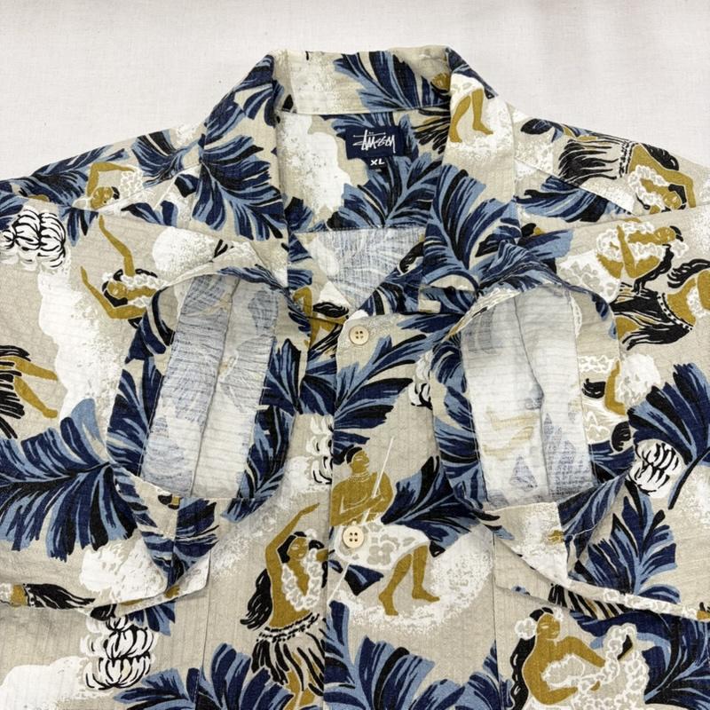 ステューシー STUSSY シャツ、ブラウス 半袖 90s OLD USA製 半袖 アロハシャツ オープンカラー ハワイアン リーフ 総柄 プリント 紺タグ XL 総柄 X プリント ベージュ / ベージュ / beige X 紺 / ネイビー / navy X 白 / ホワイト / white メンズ USED 古着 中古 50168416