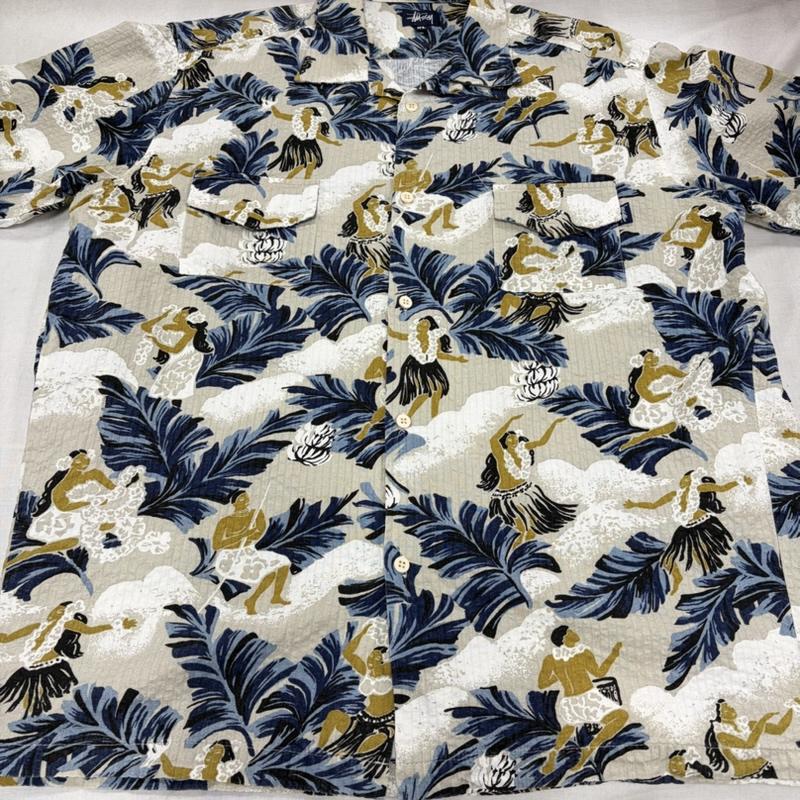ステューシー STUSSY シャツ、ブラウス 半袖 90s OLD USA製 半袖 アロハシャツ オープンカラー ハワイアン リーフ 総柄 プリント 紺タグ XL 総柄 X プリント ベージュ / ベージュ / beige X 紺 / ネイビー / navy X 白 / ホワイト / white メンズ USED 古着 中古 50168416