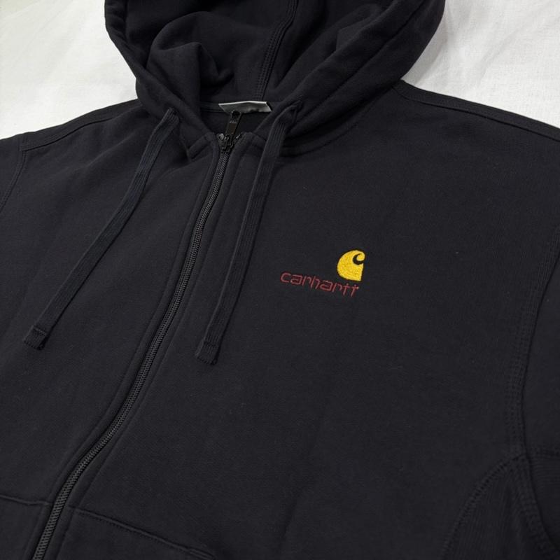 カーハート ダブリューアイピー Carhartt WIP パーカー 長袖 フーデッド アメリカン スクリプト ジップアップ スウェット パーカー ロゴ 刺繍 裏起毛 M ワンポイント X ロゴ、文字 X 刺繍 黒 / ブラック / black X 金 / ゴールド / gold color X えんじ / ワインレッド / dark red メンズ USED 古着 中古 50168462