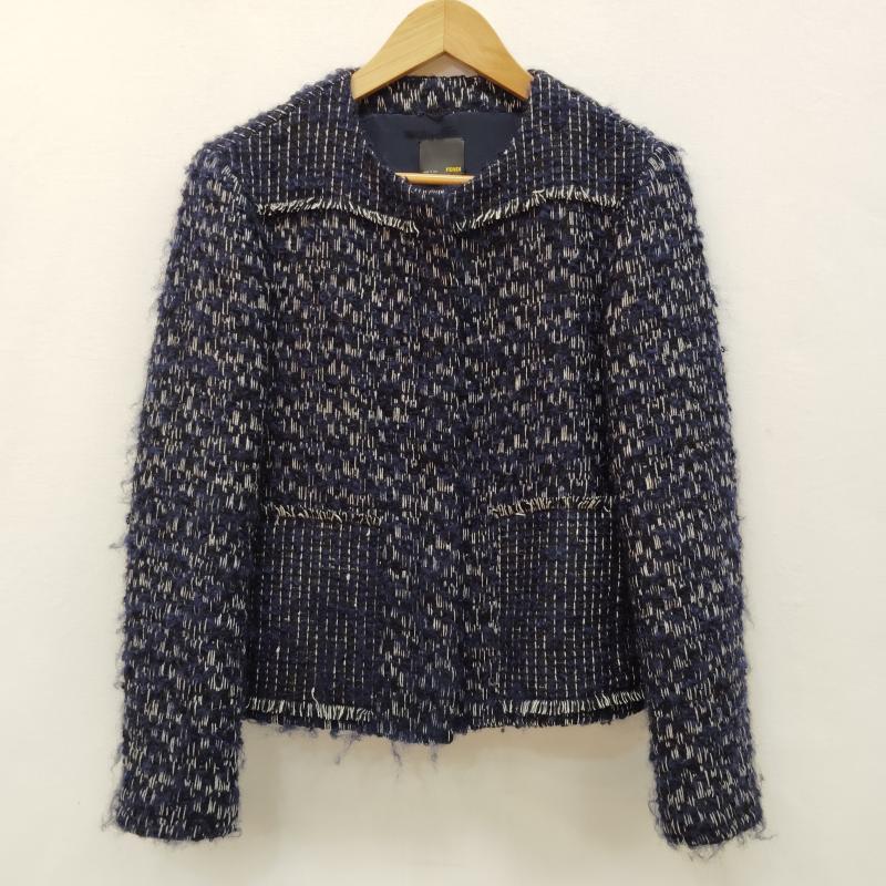 フェンディ FENDI ジャケット、上着 ジャケット、ブレザー ノーカラー ジャケット ミックス ツイード フリンジ 40 紺 / ネイビー / navy X 白 / ホワイト / white レディース USED 古着 中古 50168611