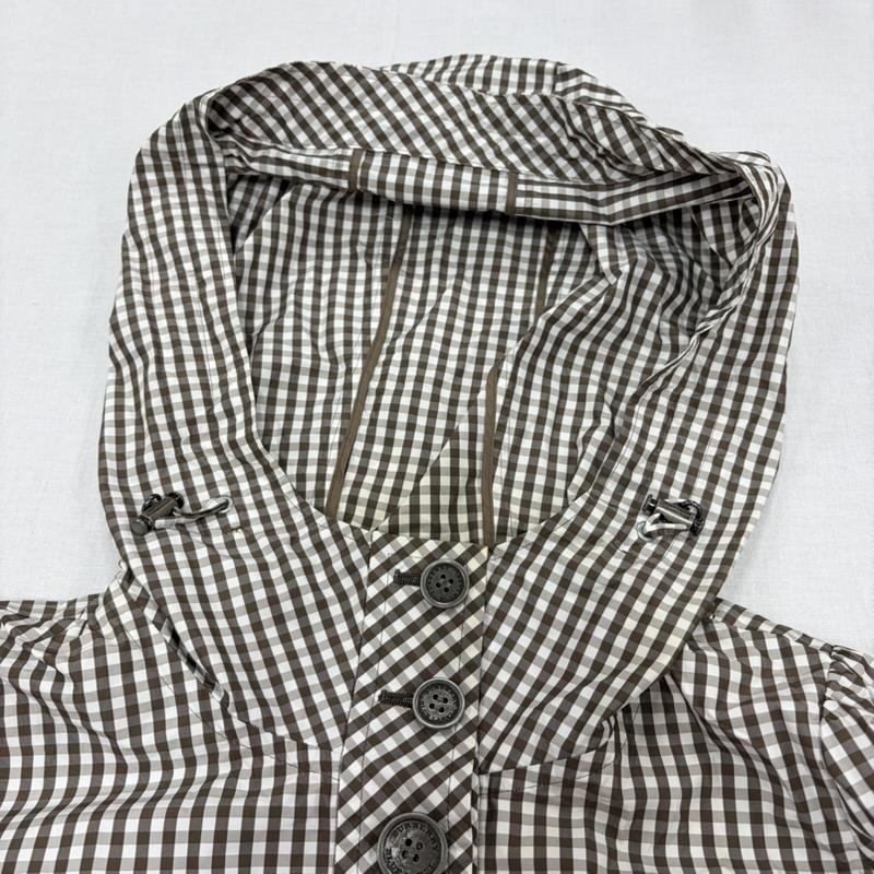 バーバリー・ブルーレーベル BURBERRY BLUE LABEL コート コート一般 ギンガムチェック フーデッド レインコート バルーンシルエット ナイロンジャケット ポーチ付 38 チェック 茶 / ブラウン / brown X 白 / ホワイト / white レディース USED 古着 中古 50168619