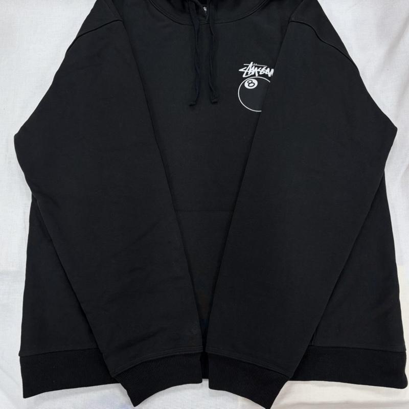 ステューシー STUSSY パーカー 長袖 8ボール 両面 バックプリント ロゴ スウェット プルオーバー フーディー パーカー 裏起毛 ビリヤード XL ロゴ、文字 X プリント 黒 / ブラック / black X 白 / ホワイト / white メンズ USED 古着 中古 50168621