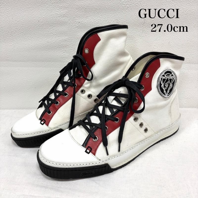 グッチ GUCCI スニーカー スニーカー キャンバス レザー クレストロゴ ハイカット スニーカー ワッペン 27.0cm ロゴ、文字 X 刺繍 白 / ホワイト / white X 黒 / ブラック / black X 赤 / レッド / red メンズ USED 古着 中古 50168655