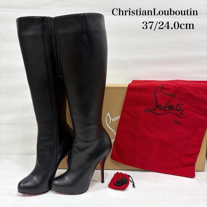 クリスチャン・ルブタン Christian Louboutin ブーツ ロングブーツ レザー ロングブーツ 37 ピンヒール サイドファスナー レッドソール トップリフト - 無地 黒 / ブラック / black X 赤 / レッド / red レディース USED 古着 中古 50168719