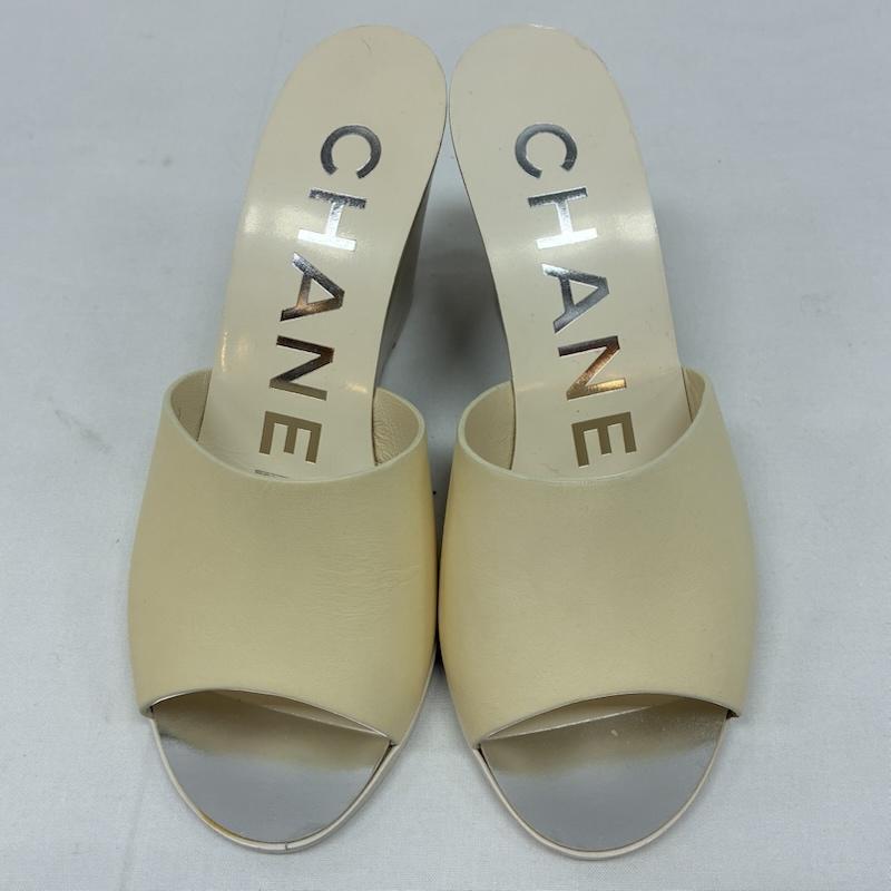 シャネル CHANEL ミュール ミュール ココマーク レザー ウッド ウェッジソール オープントゥ ミュール 21.5cm レディース USED 古着 中古 50168737