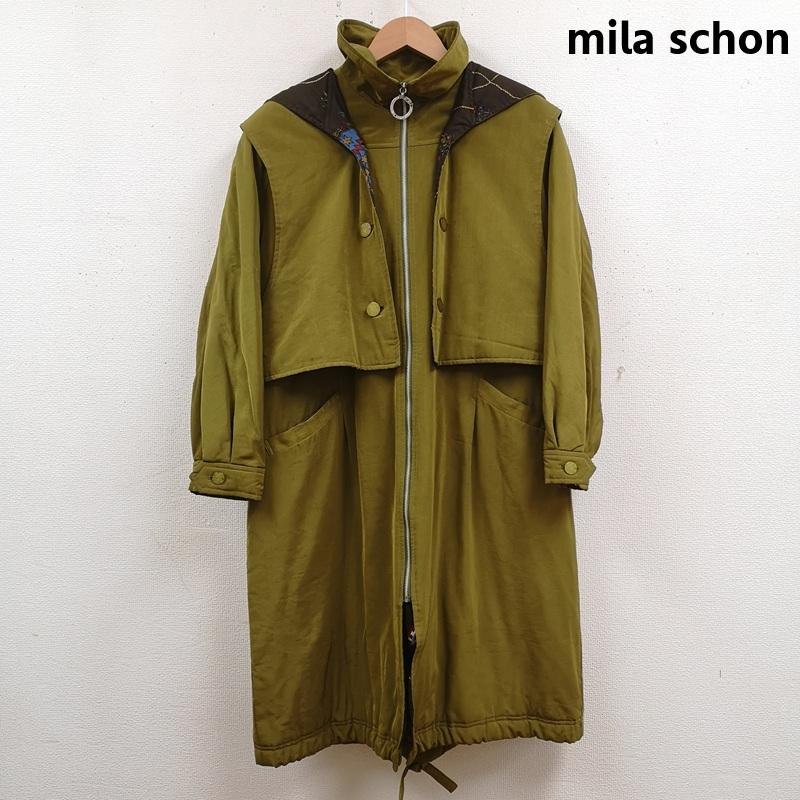 ミラ・ショーン mila schon コート コート一般 日本製 切り替え レイヤード風 スタンドカラー ロング コート 40 カーキ / カーキ / khaki レディース USED 古着 中古 50168743