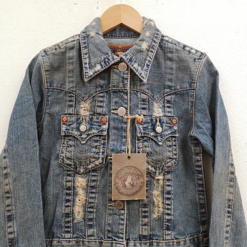 トゥルーレリジョン TRUE RELIGION ジャケット、上着 ジャンパー、ブルゾン ホースシューステッチ ダメージ加工 ショート丈 デニム ジャケット Gジャン XS インディゴ / インディゴ / Indigo レディース USED 古着 中古 50168753