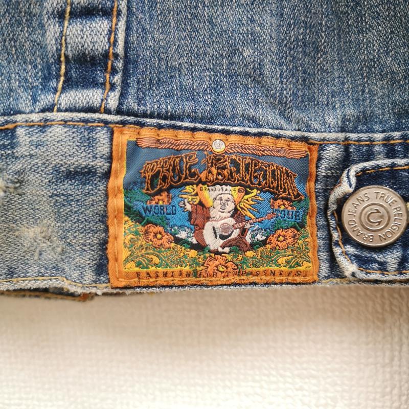 トゥルーレリジョン TRUE RELIGION ジャケット、上着 ジャンパー、ブルゾン ホースシューステッチ ダメージ加工 ショート丈 デニム ジャケット Gジャン XS インディゴ / インディゴ / Indigo レディース USED 古着 中古 50168753