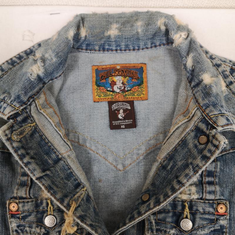 トゥルーレリジョン TRUE RELIGION ジャケット、上着 ジャンパー、ブルゾン ホースシューステッチ ダメージ加工 ショート丈 デニム ジャケット Gジャン XS インディゴ / インディゴ / Indigo レディース USED 古着 中古 50168753