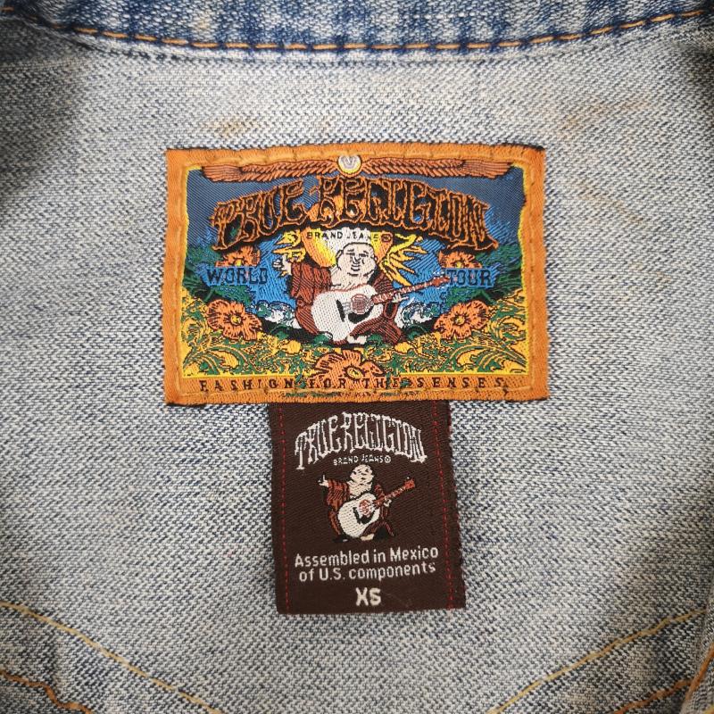 トゥルーレリジョン TRUE RELIGION ジャケット、上着 ジャンパー、ブルゾン ホースシューステッチ ダメージ加工 ショート丈 デニム ジャケット Gジャン XS インディゴ / インディゴ / Indigo レディース USED 古着 中古 50168753