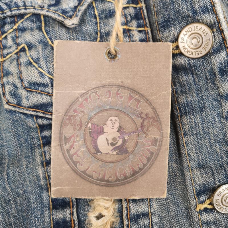 トゥルーレリジョン TRUE RELIGION ジャケット、上着 ジャンパー、ブルゾン ホースシューステッチ ダメージ加工 ショート丈 デニム ジャケット Gジャン XS インディゴ / インディゴ / Indigo レディース USED 古着 中古 50168753